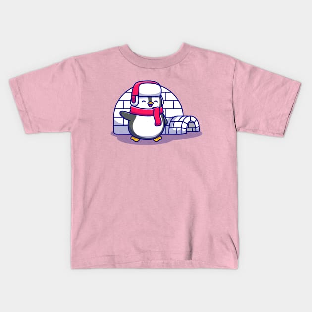 Cute Penguin With Igloo Kids T-Shirt by Catalyst Labs